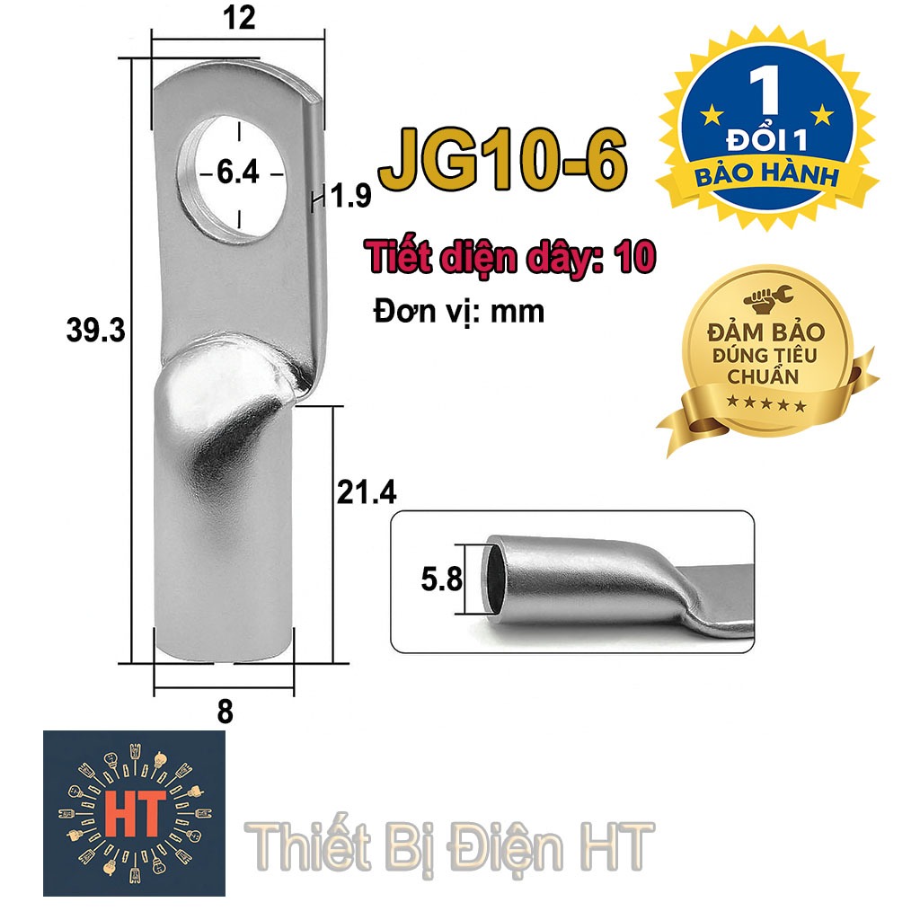 Sỉ 100 Đầu cos đồng JG10-6 chống oxi hóa – bấm dây điện 10 chấm hoặc dây awg 7 và 8 với lỗ 6 ly
