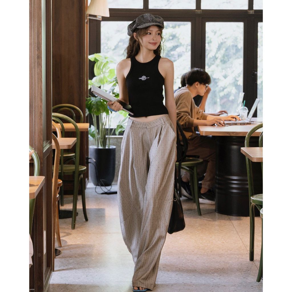 TSUN - Quần Tây Ống Rộng Cạp Thấp Dáng Balloon Kẻ Sọc Đính Đá Nhỏ Vải Kaki Y2K Unisex | BigBuy360 - bigbuy360.vn