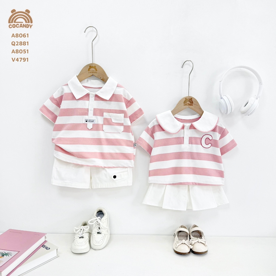 Set cho bé COCANDY -Áo cộc kẻ HỒNG polo phối đáp nẹp và Quần cộc TRẮNG túi phối nắp cúc A8061,A8051