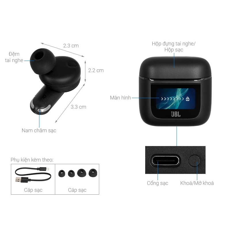 Tai nghe Bluetooth True Wireless JBL Tour Pro 2 (Bluetooth 5.3 | Pin 12h | IPX5 | Chống ồn ANC | JBL Pro Sound) Davinci | BigBuy360 - bigbuy360.vn