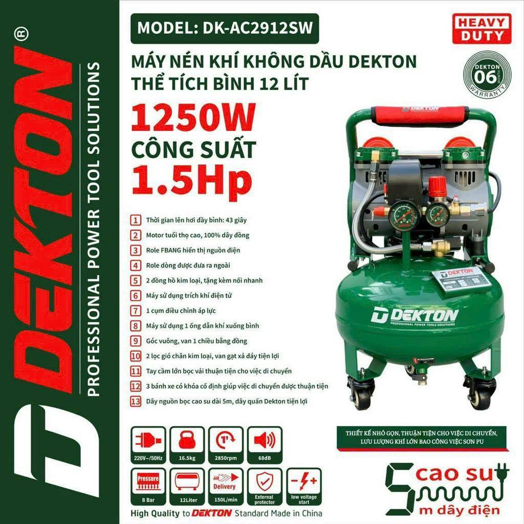  Máy Nén Khí Không Dầu DEKTON Thể Tích Bình 12 Lít   DK-AC2912SW  Công Suất 1.5HP 1250W   Nạp Hơi Nhanh   Có Van Chỉnh Áp 