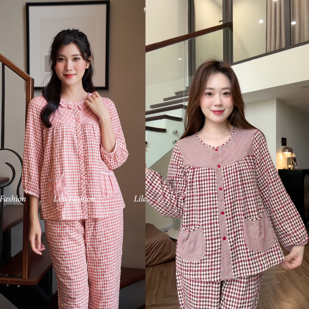 Đồ bộ pijama nhà Lila dài tay áo quần có túi kẻ caro cao cấp mềm mịn, mát khi mặc