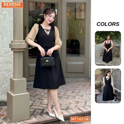 Đầm thiết kế BEMINE cổ vuông phối ren thêu hoa tay lửng dáng chữ A phù hợp đi làm-MT10158