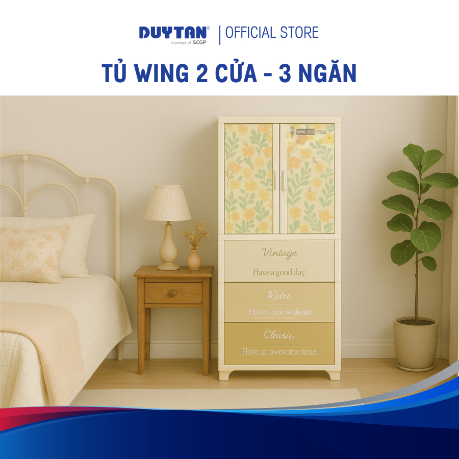 Tủ Wing 2C-3 ngăn DUY TÂN nhựa PP/ABS, tủ treo quần áo có 3 hộc dưới, tủ quần áo tiện lợi (tặng móc)