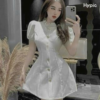 Đầm nữ dự tiêc cổ ren tay ngắn sang chảnh chất cotton lạnh đính nút váy dáng xoè midi sang trọng tôn dáng trẻ trung