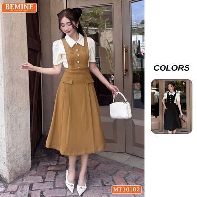 Đầm thiết kế BEMINE cổ đức phối xếp ly đính cúc dáng chữ A phù hợp đi làm-MT10102