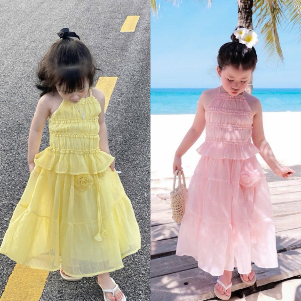 S0607 - Set áo yếm nhún bo chun lưng + chân váy xòe dài mix hoa 2 màu hồng & vàng 9-30 kg dành cho b
