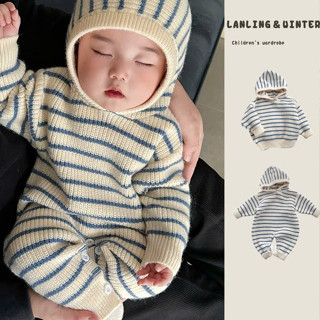  Body Suit Và Áo Len Dày Kẻ Xanh Mùa Đông Liền Mũ Cho Bé Trai Bé Gái Xinh Xắn Phong Cách Hàn Quốc 