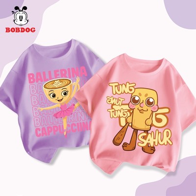 Áo thun cho bé gái BOBDOG áo cộc tay trẻ em dễ thương vải cotton in hình vũ trụ brainrot cho bé