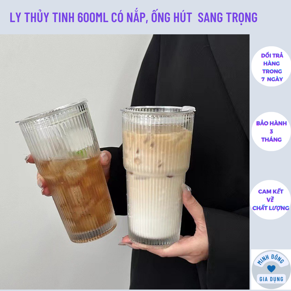  Ly thủy tinh 600ml có nắp + ống hút  sang trọng  Cốc uống nước giữ lạnh đẹp – kèm ống hút 