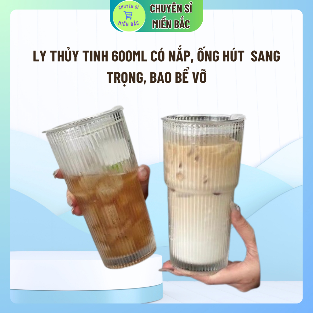 Ly thủy tinh 600ml có nắp + ống hút  sang trọng , Cốc uống nước giữ lạnh đẹp – kèm ống hút