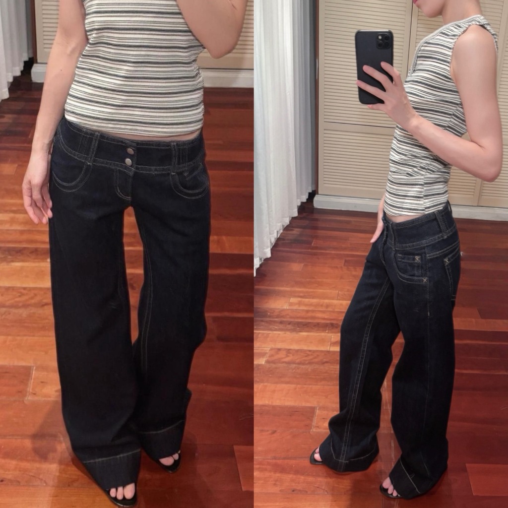 (SẴN) Quần jean cạp trễ ống suông màu xanh đen trơn