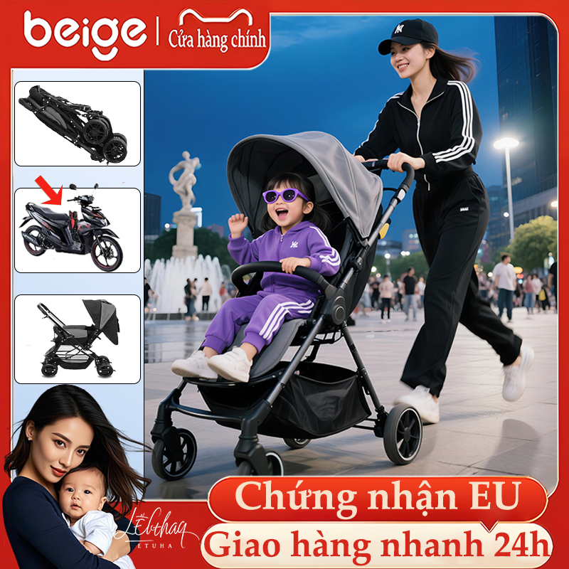 xe đẩy gấp gọn cho bé Beige Có thể đặt ở phía trước xe máy/xe đạp điện,Đẩy được 2 chiều