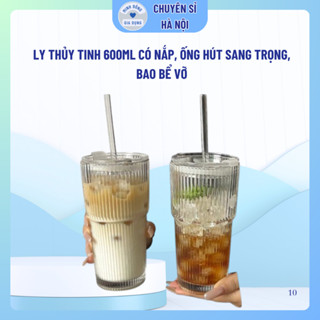 Ly thủy tinh 600ml có nắp + ống hút  sang trọng , Cốc uống nước giữ lạnh đẹp – kèm ống hút
