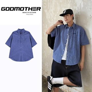 Áo Sơ Mi Kẻ Caro Ngắn Tay GODMOTHER Áo Sơ Mi Caro Xanh Dương Retro Unisex Form Rộng Cổ Điển Hàn Quốc