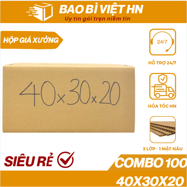 40x30x20 Combo 100 Hộp carton đóng hàng thùng giấy carton - Bao Bì Việt HN