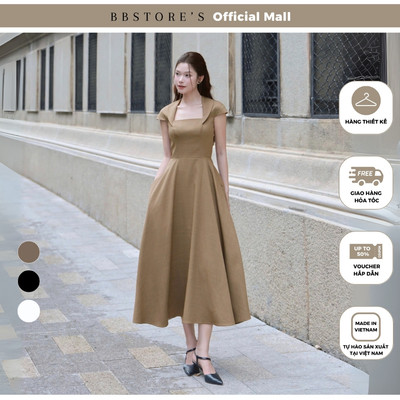 [BBSTORE'S] Đầm Xoè Công Sở Cotton Dài Cổ Vuông Tay Cap Tùng Rã Mảnh - D4492B