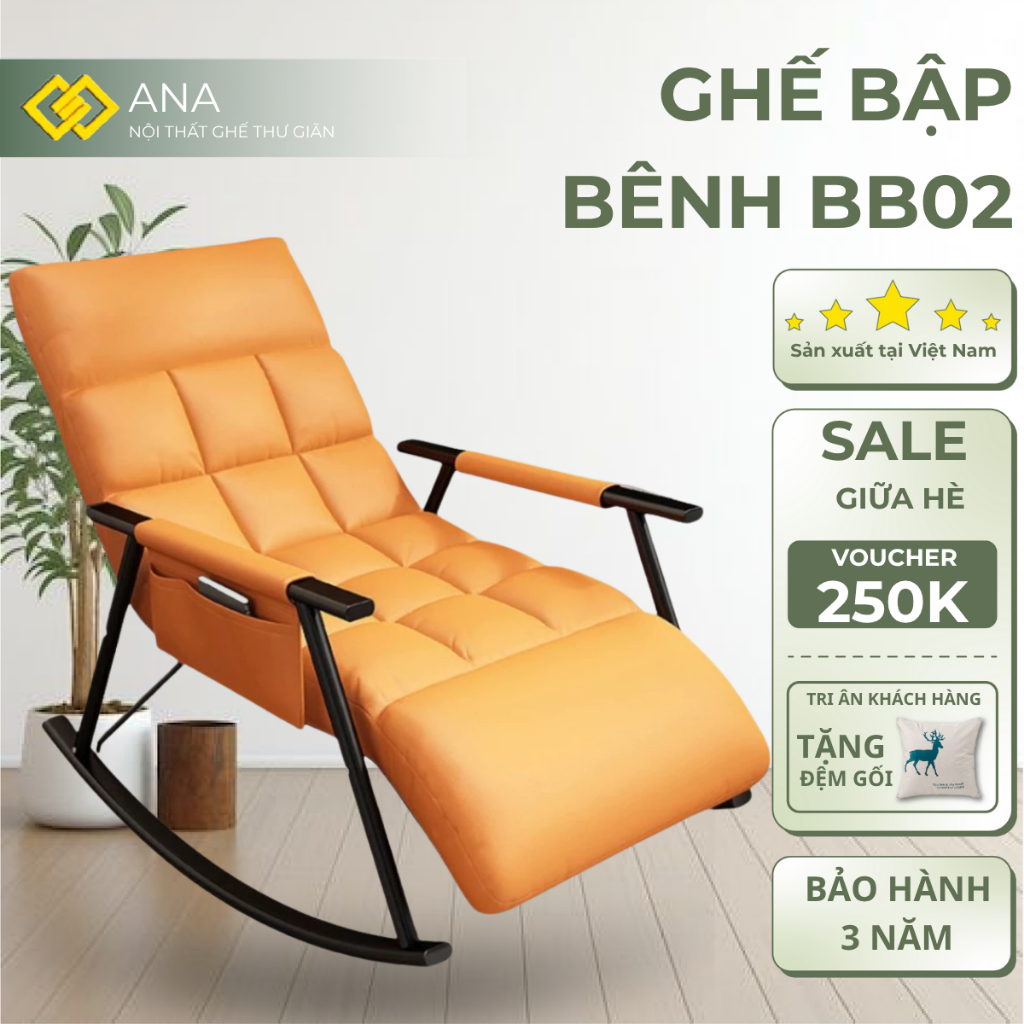 Ghế bập bênh thư giãn ANA BB02 dài 1m6 điều chỉnh 10 cấp độ nằm đọc sách nghỉ ngơi decor phòng Tặng lăn Massa Gác Đệm