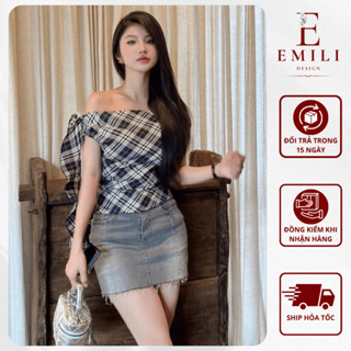  Áo kiểu nữ hở vai Emili Design Áo trễ vai kẻ caro phối hoa gắn vai phong cách Hàn Quốc  A52  