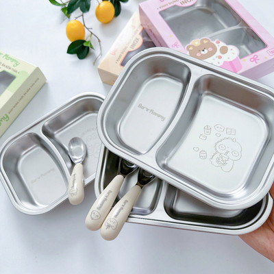 Khay đựng thức ăn 2 ngăn inox 316 kèm thìa cho bé Bear Mommy hình thú dễ thương cho bé, chống rơi vỡ