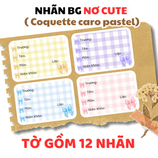 NHÃN trơn BO GÓC NƠ CARO pastel ( Tờ gồm 12 nhãn)