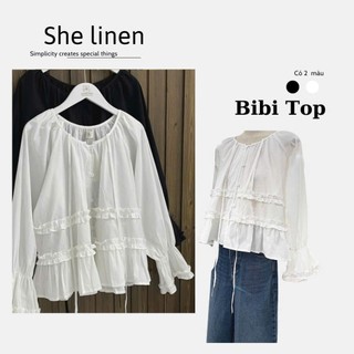  BIBI TOP - Áo Babydoll Dài Tay Phối Bèo Tiểu Thư She Linen 