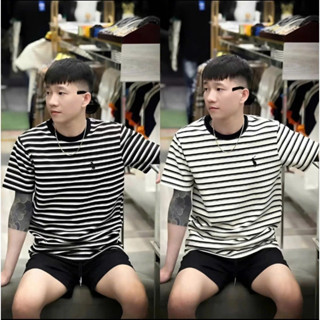 Áo thun cổ tròn tay ngắn Nam Nữ cặp đôi Kẻ Sọc ngang có thêu hình ngựa hot hit hè new 2025