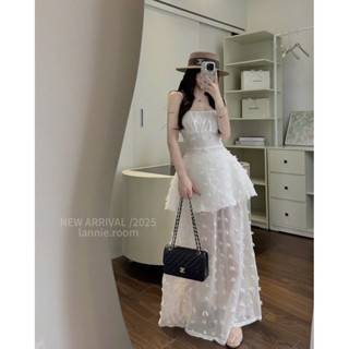 Set Bộ 2 Dây Ôm Chiết Eo Xoè Mix Chân Váy Dáng Dài, Set Ren Hoạ Tiết Chấm Trắng Phối Dáng Xoè Tiểu Thư