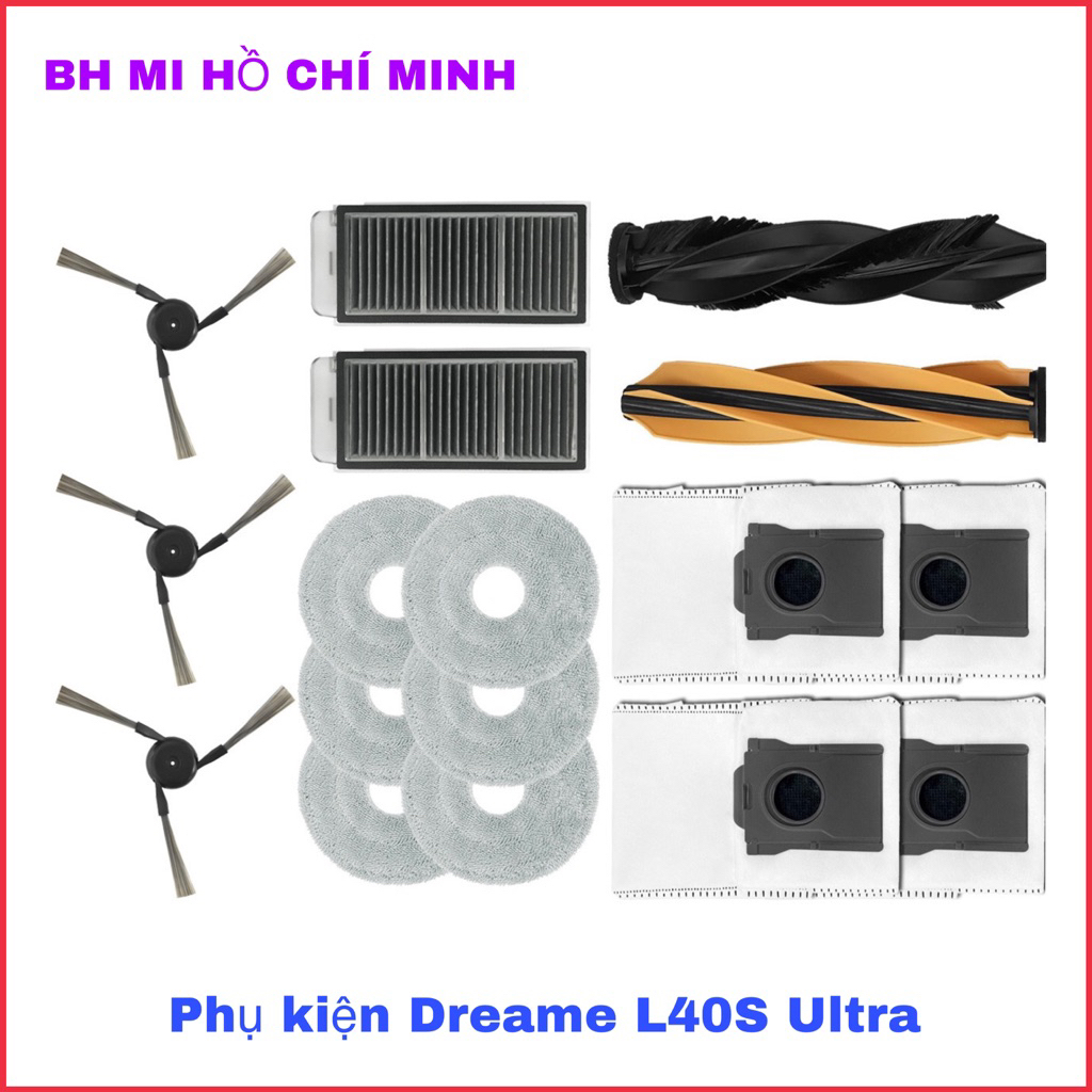 Bộ Phụ kiện Dreame L40S Ultra : Gồm : Chổi chính / Lọc bụi / Khăn lau / Chổi cạnh / Túi rác .