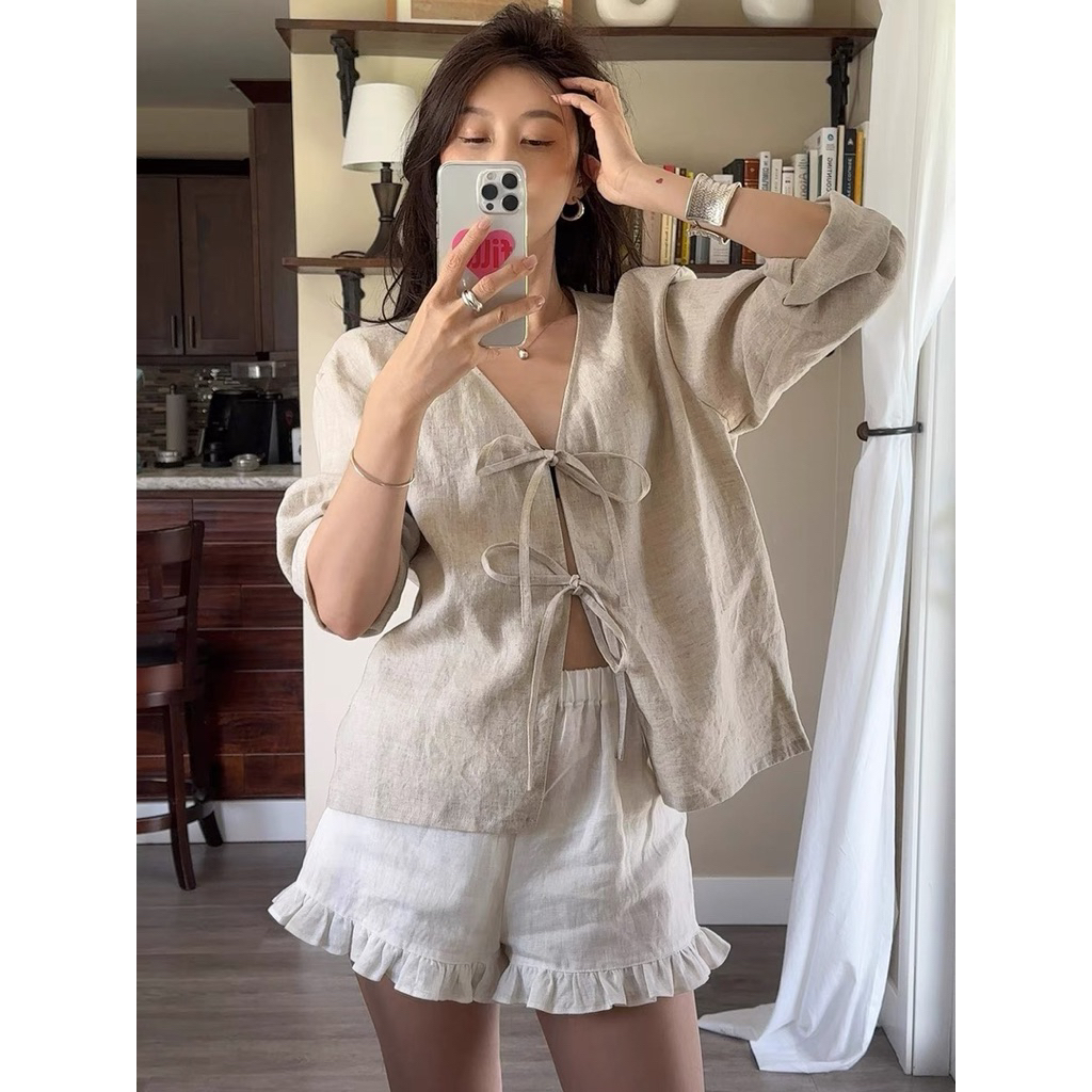 𝗖𝗲𝗹𝗲 𝗟𝗶𝗻𝗲𝗻- | BEELY | Áo Linen thắt nơ