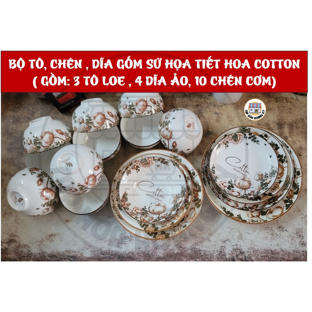 BỘ TÔ, CHÉN, ĐĨA GỐM SỨ HOA VĂN COTTON 4D (GỒM 3 TÔ LOE, 4 ĐĨA,10 CHÉN CƠM) + TẶNG 10 ĐÔI ĐŨA GỖ HIỆU LÊ VÂN