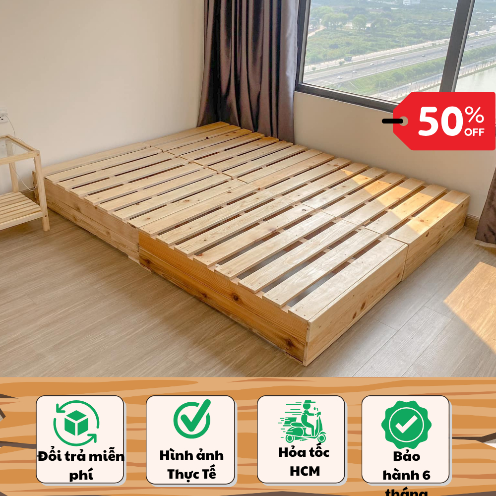 Giường Ngủ Pallet Hộp Gỗ Thông, Gỗ Mới 100%, Cao 20cm Đóng kín viền xung quanh.