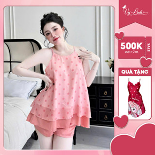 Bộ đồ ngủ dáng yếm Vy Linh chất liệu lụa voan phối latin mặc thoáng mát, thấm hút mồ hôi không bai nhão xù S1024 new