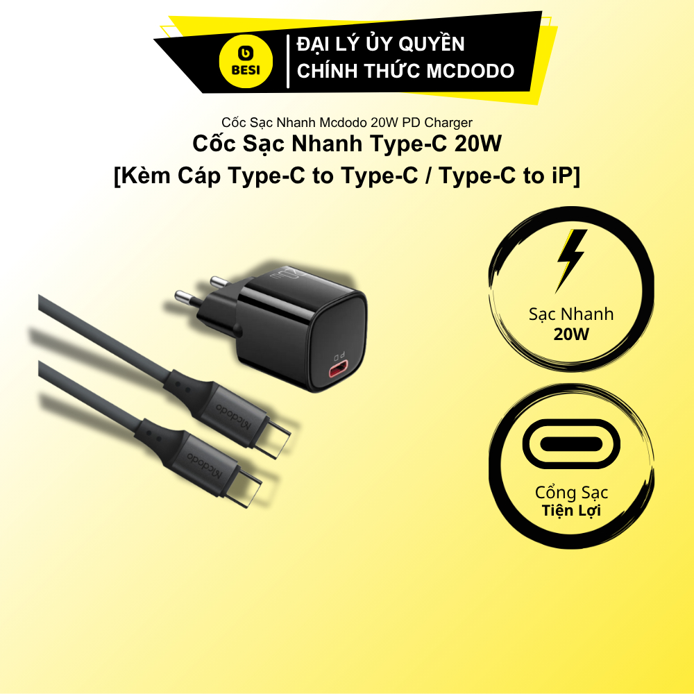 Bộ Sạc Nhanh Mcdodo Nano 20W PD | Kèm Cáp Sạc Nhanh, Củ Sạc Siêu Nhỏ