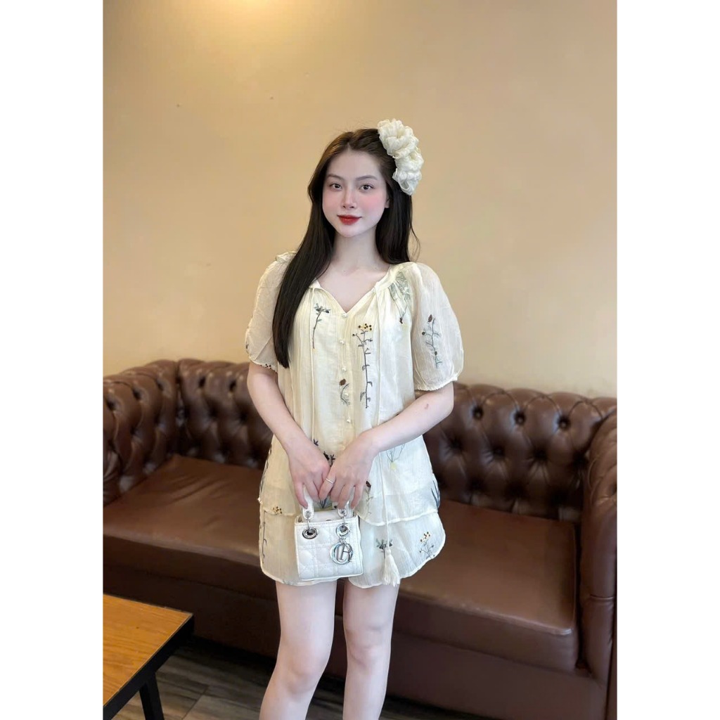 Set bộ nữ Dooti vải tơ thêu hoa nhẹ nhàng nữ tính, Bộ đồ nữ áo tay bồng ngắn kèm quần short cạp chun thời trang HEBE | BigBuy360 - bigbuy360.vn