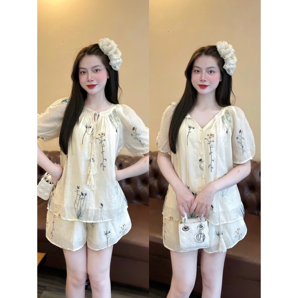 Set bộ nữ Dooti vải tơ thêu hoa nhẹ nhàng nữ tính, Bộ đồ nữ áo tay bồng ngắn kèm quần short cạp chun thời trang HEBE | BigBuy360 - bigbuy360.vn
