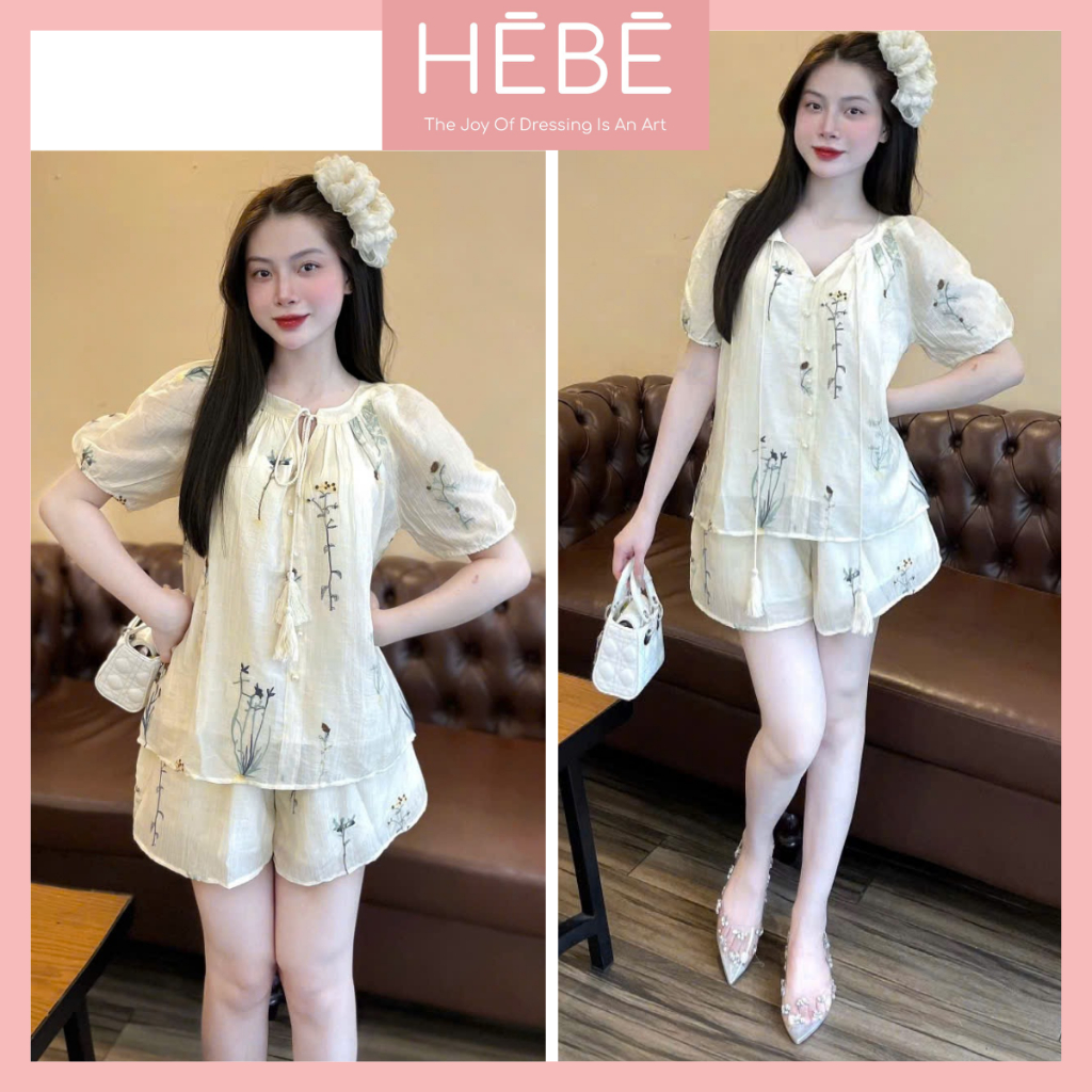 Set bộ nữ Dooti vải tơ thêu hoa nhẹ nhàng nữ tính, Bộ đồ nữ áo tay bồng ngắn kèm quần short cạp chun thời trang HEBE | BigBuy360 - bigbuy360.vn