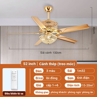 QUẠT TRẦN ĐÈN LED Chao Đèn Pha Lê 5 Cánh [ĐỘNG CƠ LÕI ĐỒNG/Bảo hành 5 NĂM] 6 tốc độ gió, 3 màu đèn