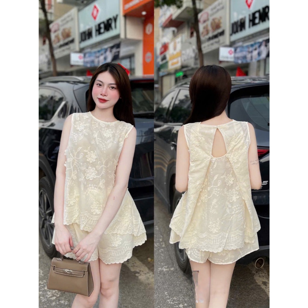 Set bộ nữ Guti áo sát nách kèm quần short cạp chun trẻ trung nữ tính, Bộ đồ nữ vải thô thêu hoa dịu dàng thời trang HEBE | BigBuy360 - bigbuy360.vn