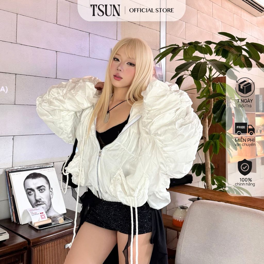TSUN - Cloudlet Jacket Áo Khoác Nữ Tay Phồng Nhún Bèo Trắng Sexy Gợi Cảm | BigBuy360 - bigbuy360.vn