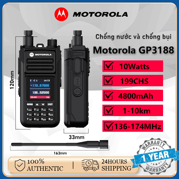 Bộ đàm Motorola GP3188 10W High Power VHF 136-174MHZ 199 Kêng Loa Siêu To 4800mAh khoảng cách 5 km