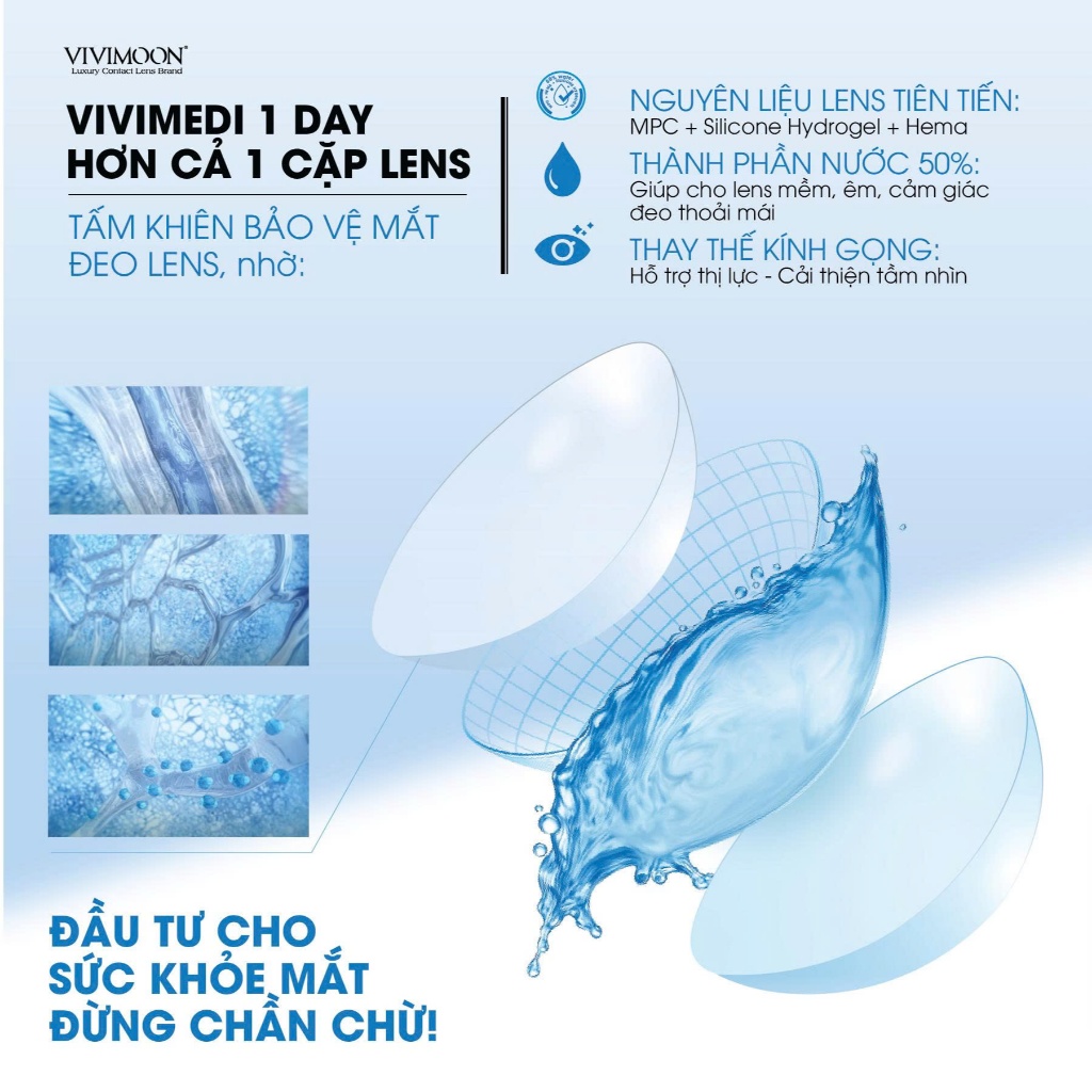 Kính áp tròng VIVIMOON LENS trong suốt cận 1 ngày khóa ẩm Vivimedi 1 Day (Giá 01 bên mắt, Giá 01 chiếc) | BigBuy360 - bigbuy360.vn