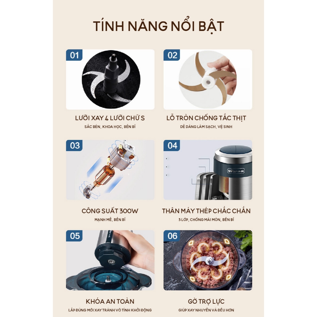 Máy xay thịt 2L Bear CH-5H03J (QSJ-K03N5), 300W,4 lưỡi dao inox, xay ớt hành tỏi cua cá, BH 18 tháng | BigBuy360 - bigbuy360.vn