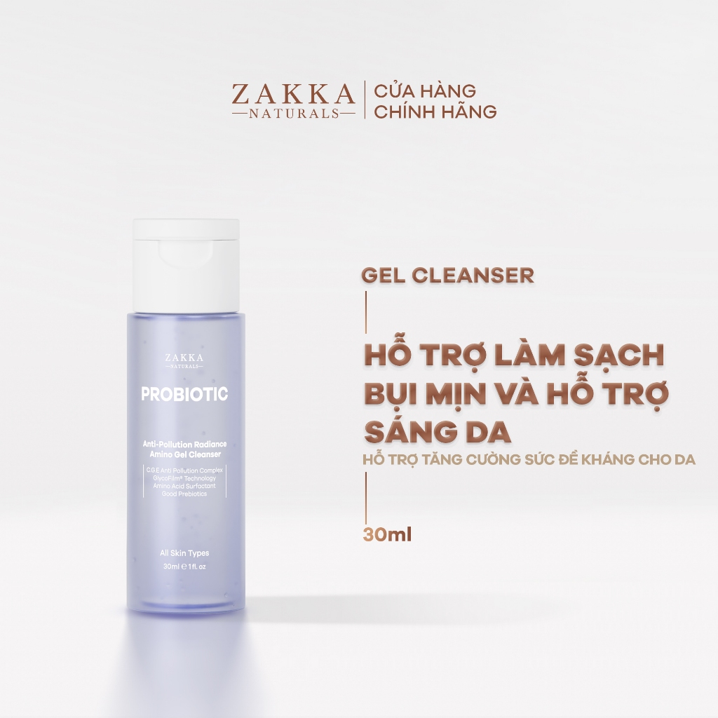 Gel Rửa Mặt Sạch Bụi Mịn Probiotic Anti-Pollution Radiance Amino Gel Zakka Naturals 30ml