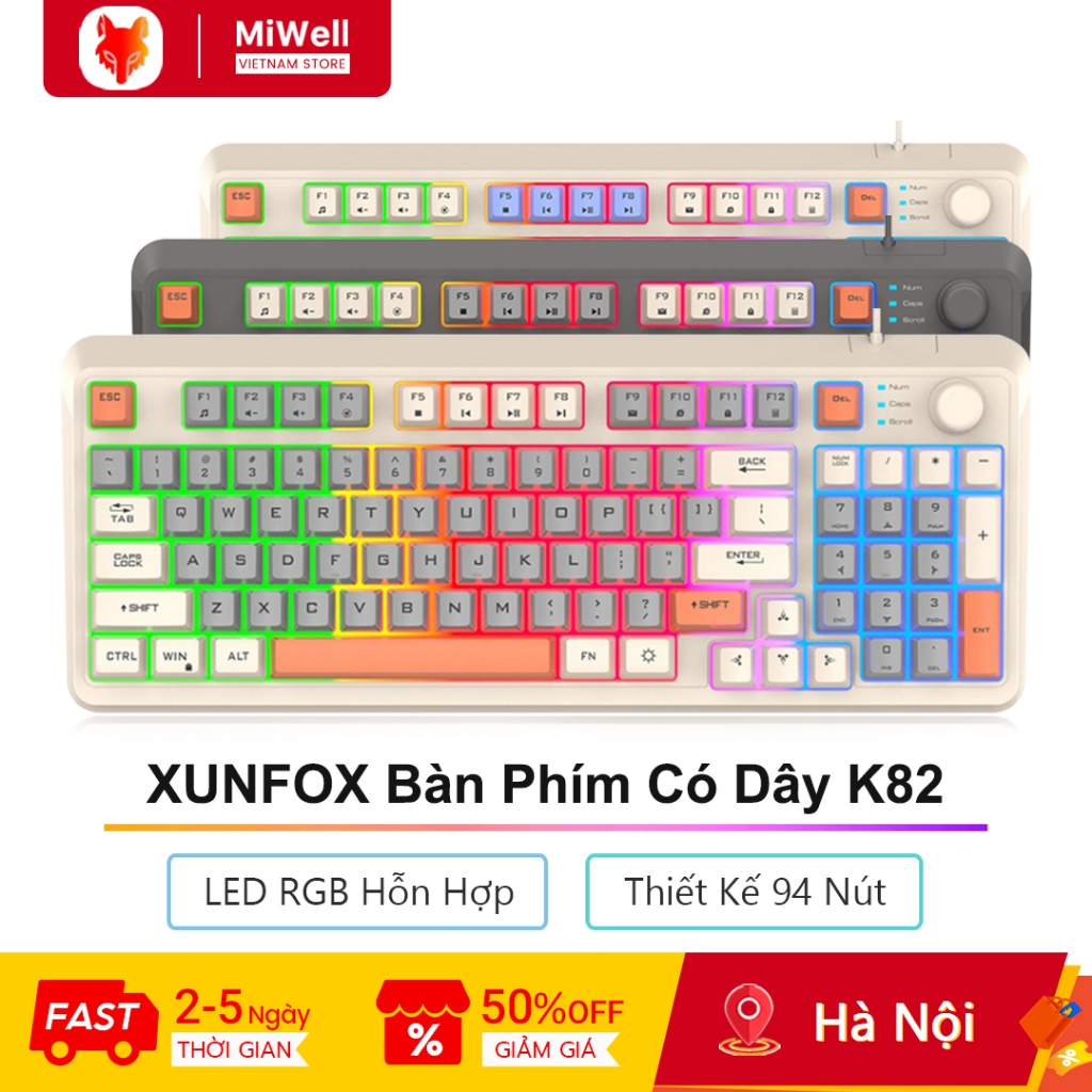 XUNFOX Bàn Phím Có Dây K82, LED RGB Hỗn Hợp, 94 Phím Bố Trí Tối Ưu, Nút Chức Năng 6D, Bàn Phím
