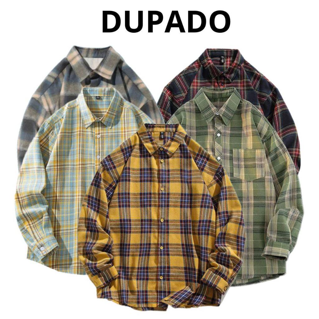 Áo Sơ Mi Flannel Kẻ Caro Dài Tay Nam Nữ DUPADO Chất Liệu Dạ Cotton Cổ bẻ Màu Xanh Tím Vàng Kẻ Sọc - 