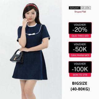  Đầm nữ thiết kế BIGSIZE Banamo Sài Gòn váy cộc tay cổ ren phối nơ viên bèo tiểu thư thanh lịch 533 