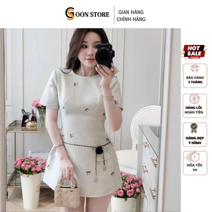 Đầm Tweed họa tiết nơ phối charm hoa cài rời (không kèm dây xích) sang chảnh Goon Store