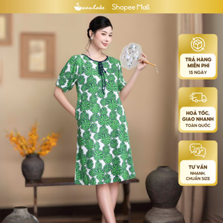 SWANLAKE | Váy Đầm Phom A Dài Ngang Gối Vải Linen Tưng Hoạ Tiết Hoa Xuân Thắt Nơ Cổ Tròn - D11943