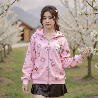 Áo Khoác Nỉ Hoodie Khóa Kéo Hình In Hello Kitty Form Rộng FreeSize Dưới 70kg